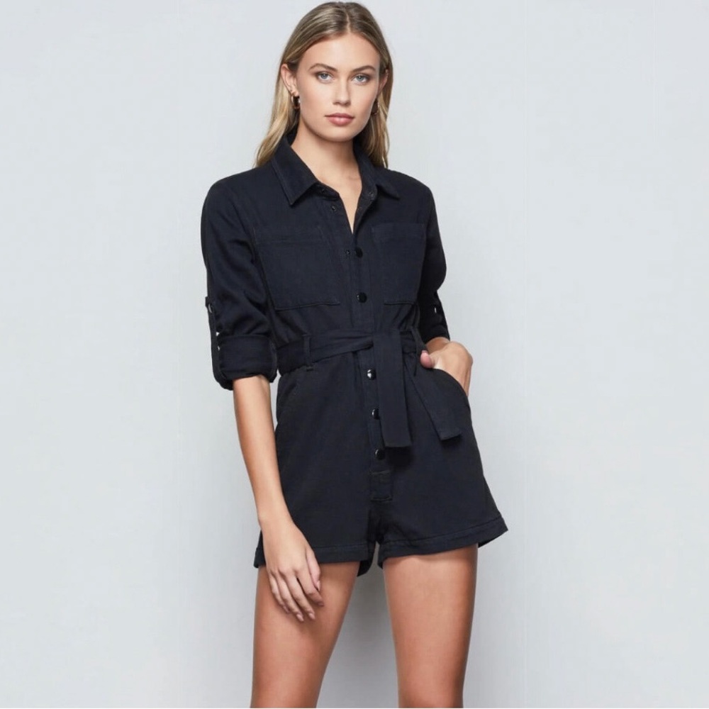 Good American Black Denim Cuff Sleeve Playsuit